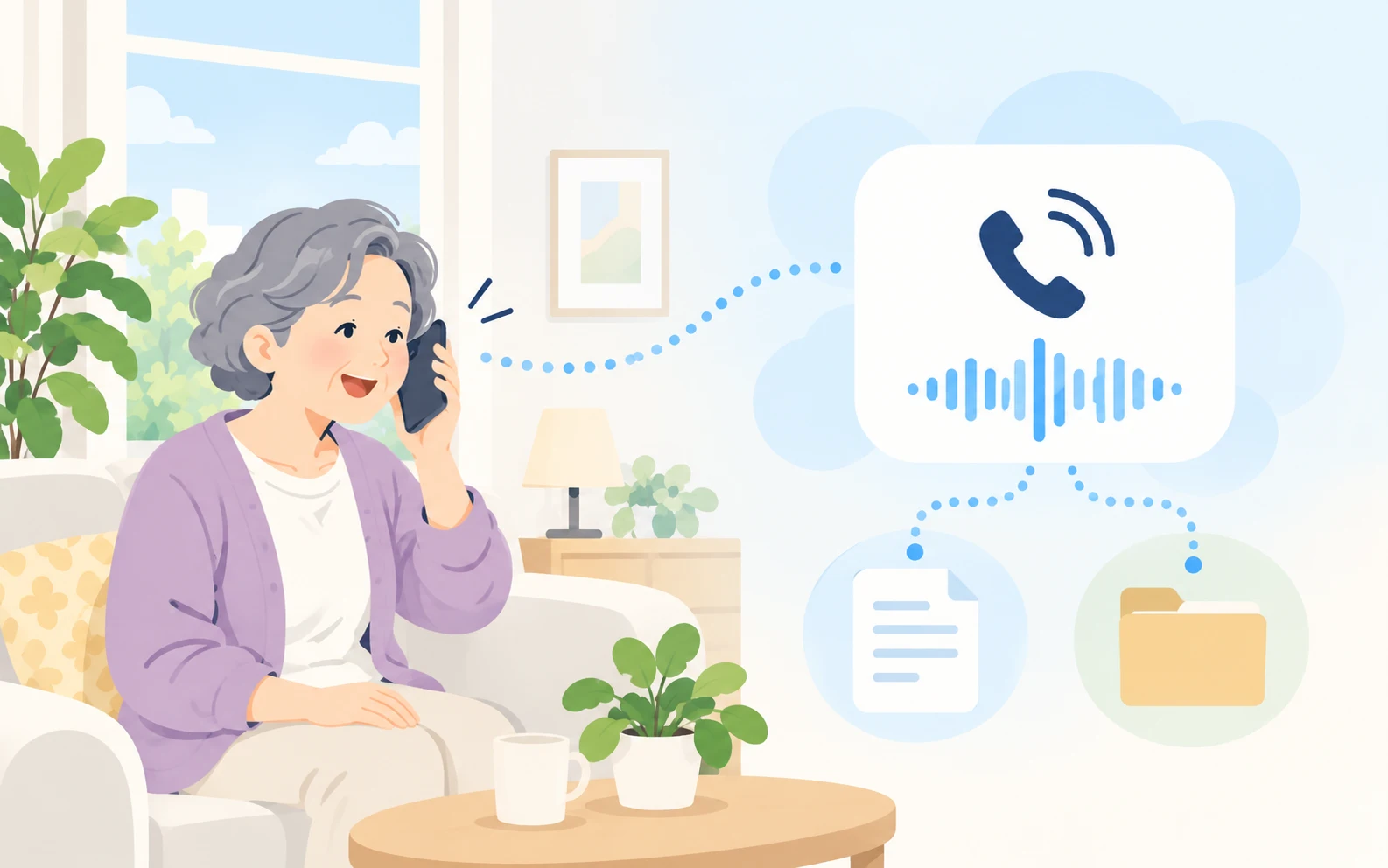 電話で質問する利用者とAIによる情報検索のイラスト